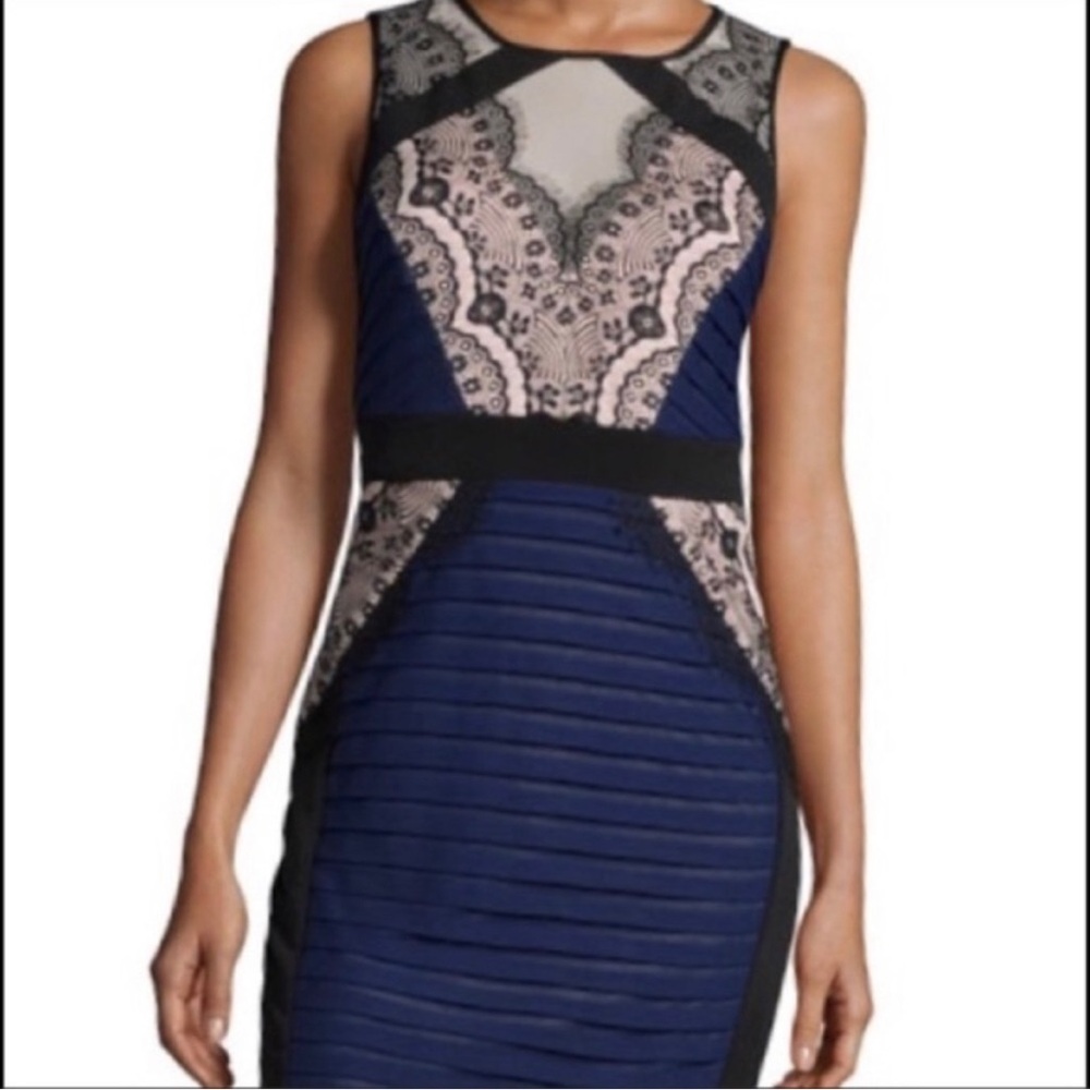 Jax Cocktail Dress - Navy body-con dress with black lace detail